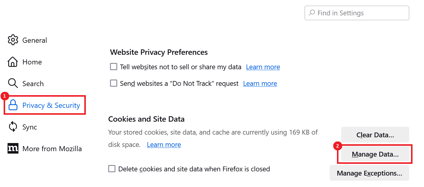 "Manage data" button highlighted in Mozilla Firefox.