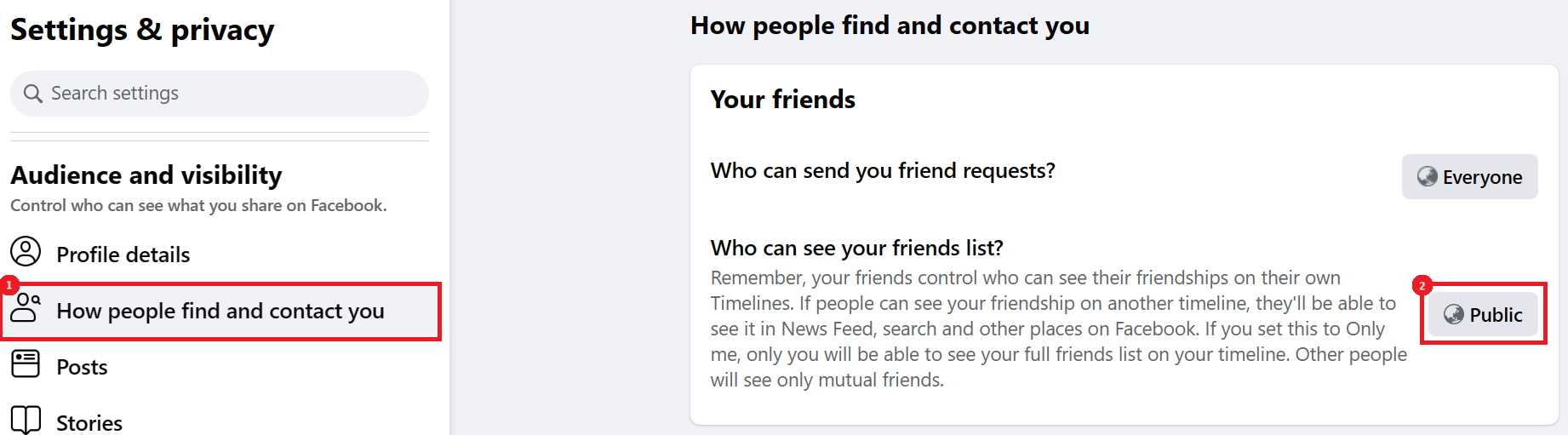 "How people find and contact you" option in Facebook for desktop.