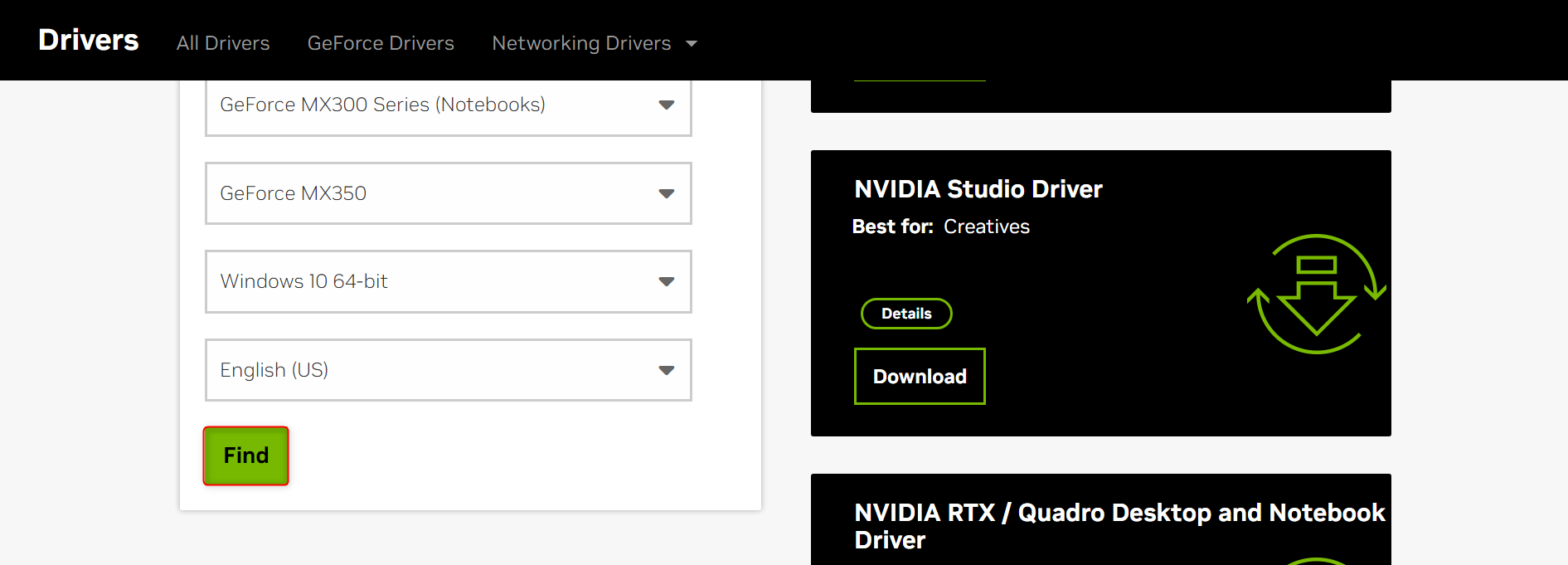 "Find" button in NVIDIA driver search tool.