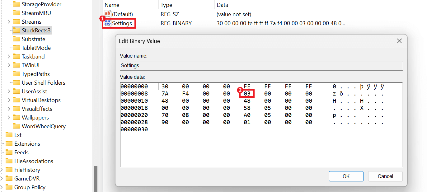 "Settings" binary file highlighted in Registry Editor.