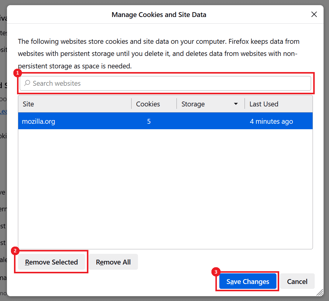 "Remove Selected" and "Save Changes" buttons highlighted in Firefox cookie settings.