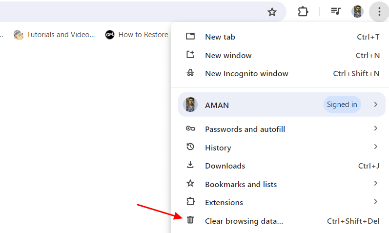 "Clear browsing data" in Chrome menu.