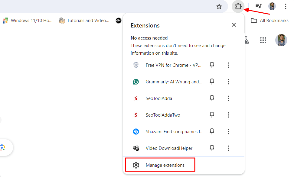 "Manage extensions" in Chrome.