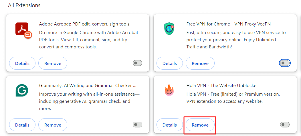 "Remove" option in Chrome Extensions page.