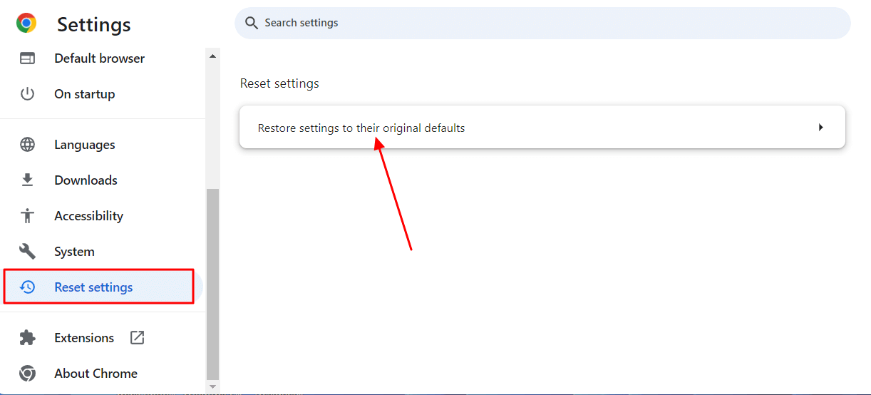 "Reset settings to their original defaults" in Chrome Settings tab.
