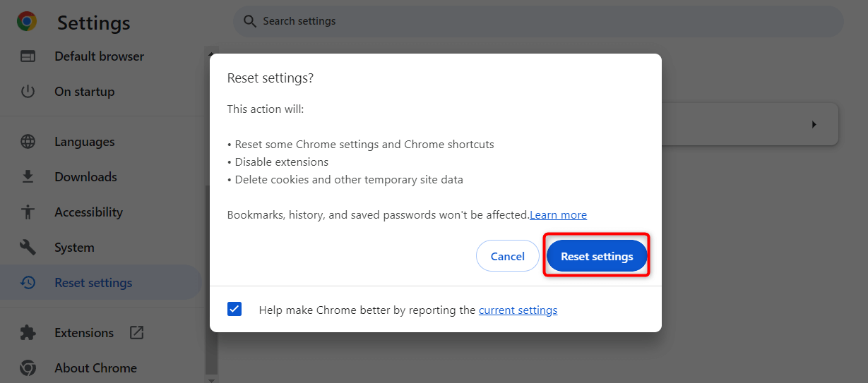 "Reset settings" button in Chrome.