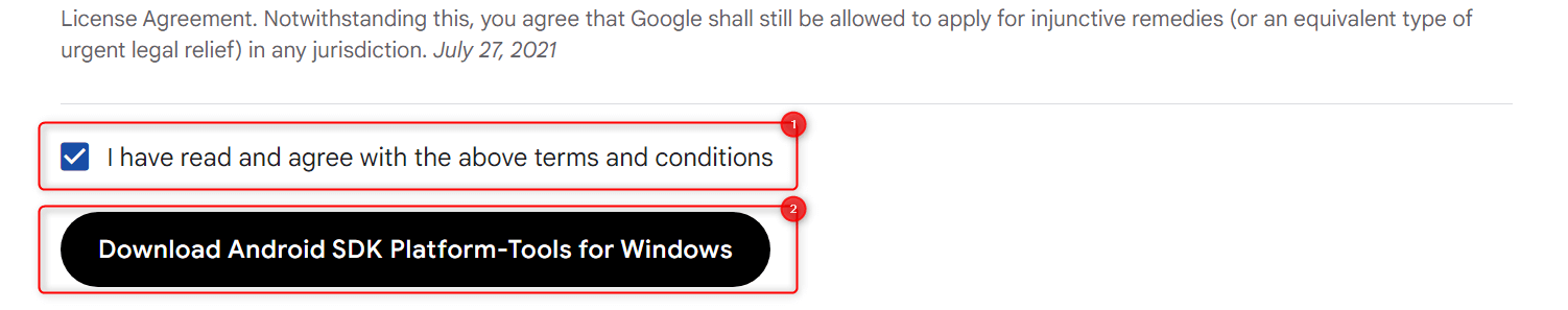 Agreeing with terms and conditions before downloading SDK Platform-Tools.