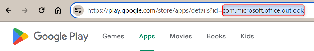 Package name highlighted in Google Play Store URL for Outlook app.