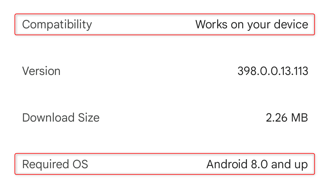 "Required OS" and "Compatibility" in Google Play Store.