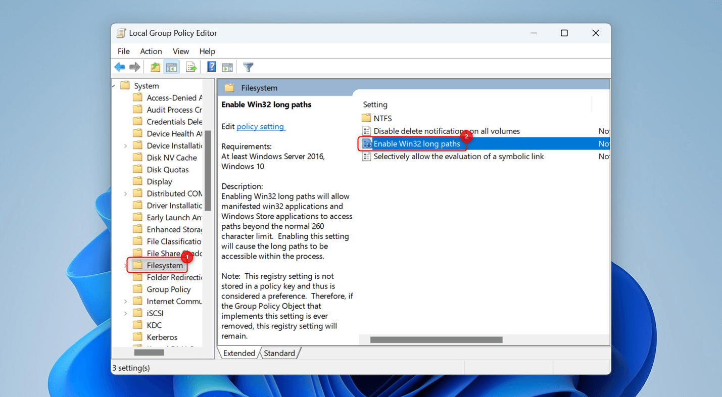 "Enable Win32 long paths" entry in Local Group Policy Editor.