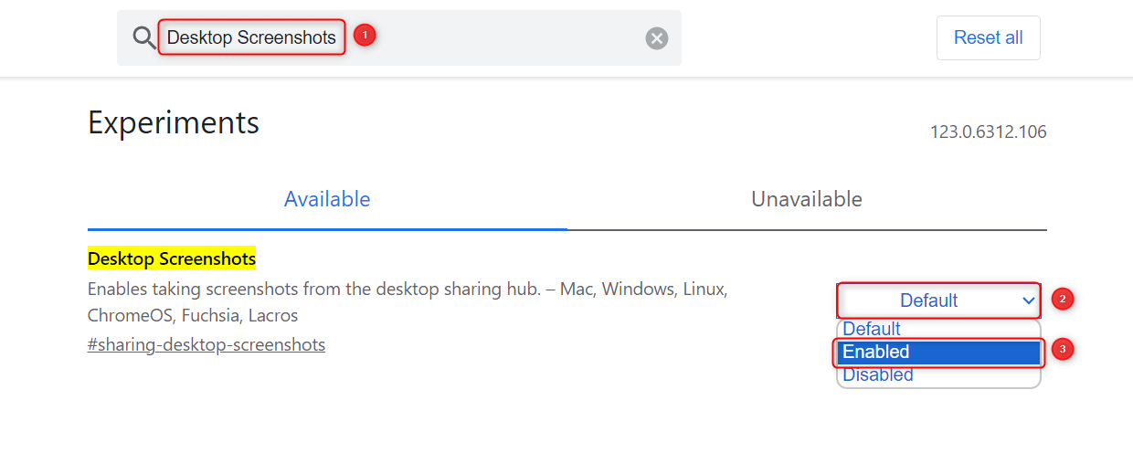 Select "Enable" for "Desktop Screenshots" Chrome flag.