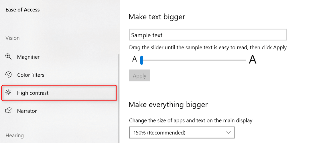 "High contrast" submenu in Windows 10 Settings.