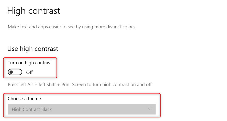 "Turn on high contrast" and "Choose a theme" options in Windows 10 settings.