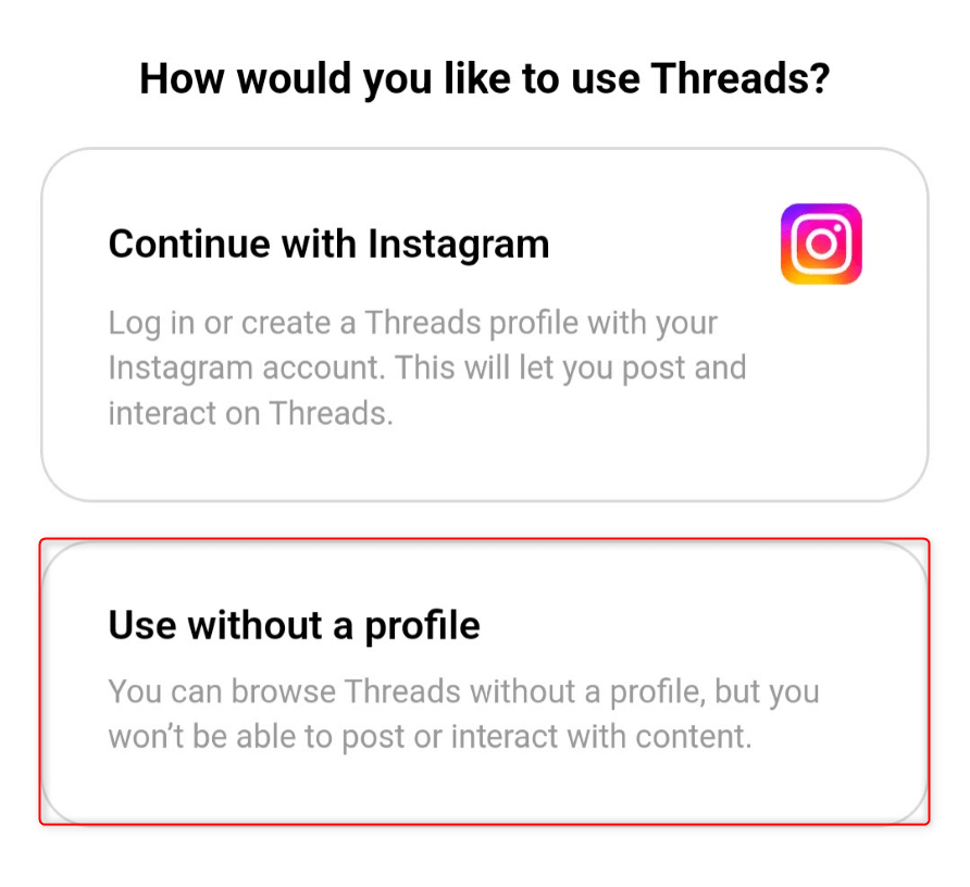 "Use without a profile" option on Threads.net.
