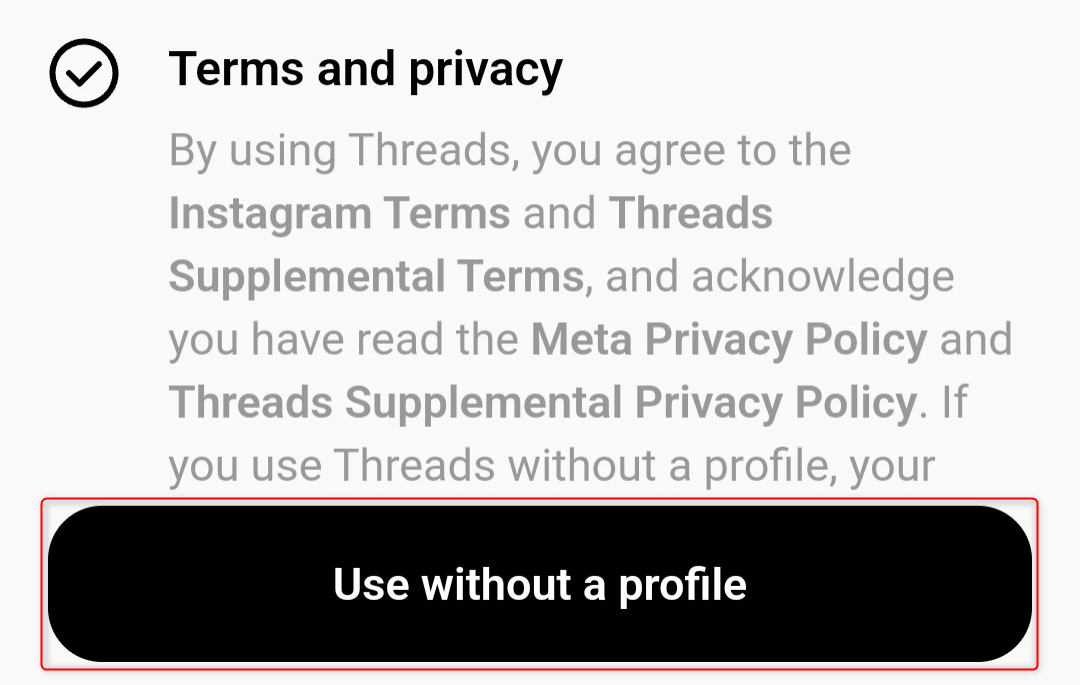 "Use without a profile" confirmation button on Threads.net.