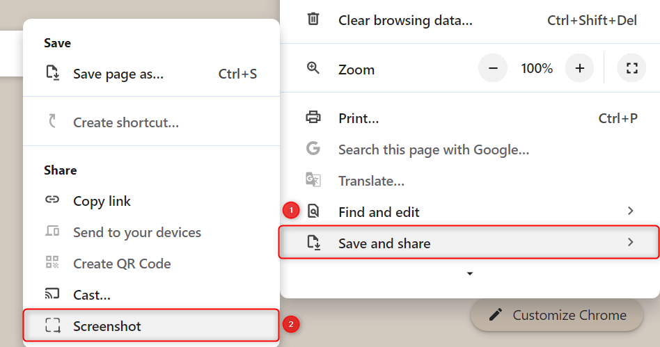 "Screenshot" option in Chrome menu.