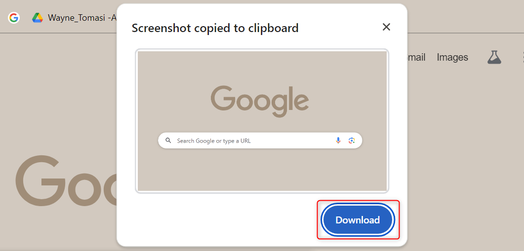 "Download" button in Chrome's experimental screenshot tool.